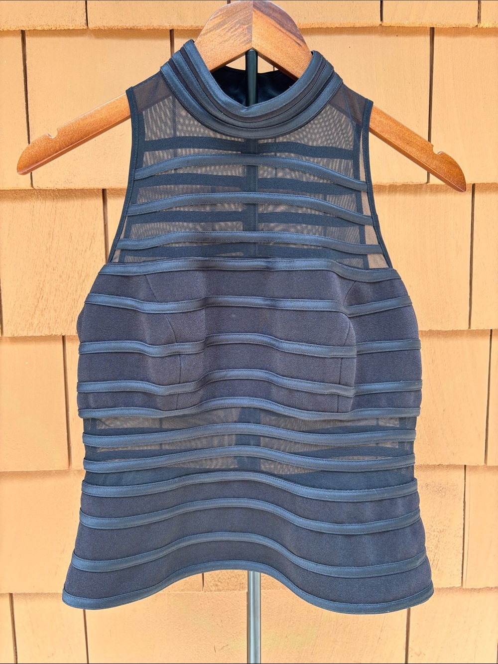 JS COLLECTIONS | VTG 90s Black Striped Mesh Elegant Chic Halter Top | Size 14